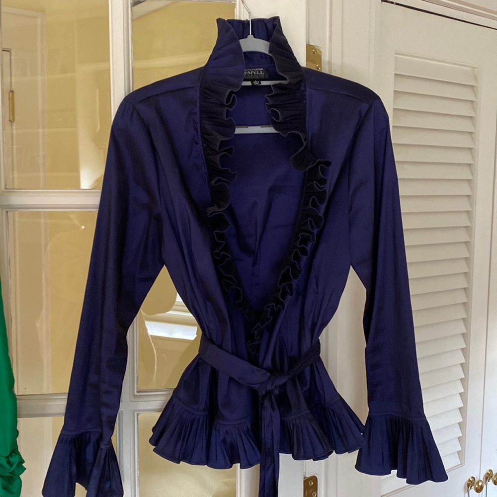 Gently worn Adrianna Papell midnight blue taffeta black tie blouse. Classic!